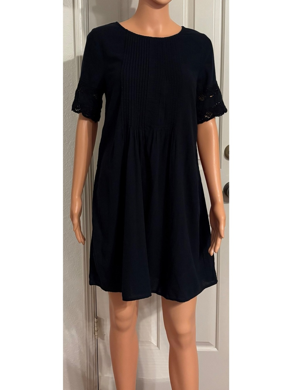 Old Navy Black Pleated Mini Dress with Lace Sleeve Trim